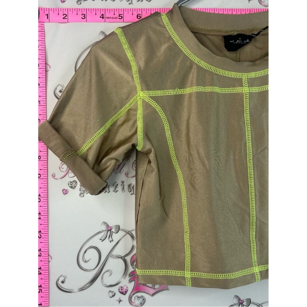Urban Outfitters crop top Khaki Crop Tee with Neon Yellow Contrast Stitching - Picture 3 of 8